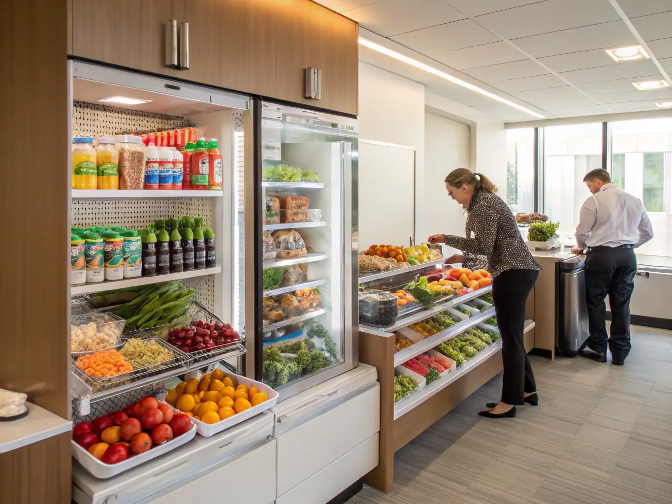 A modern, well-stocked micro mart in a luxury apartment complex, showcasing a variety of snacks, beverages, and essential items. The scene is bright and inviting, emphasizing convenience and accessibility for residents.