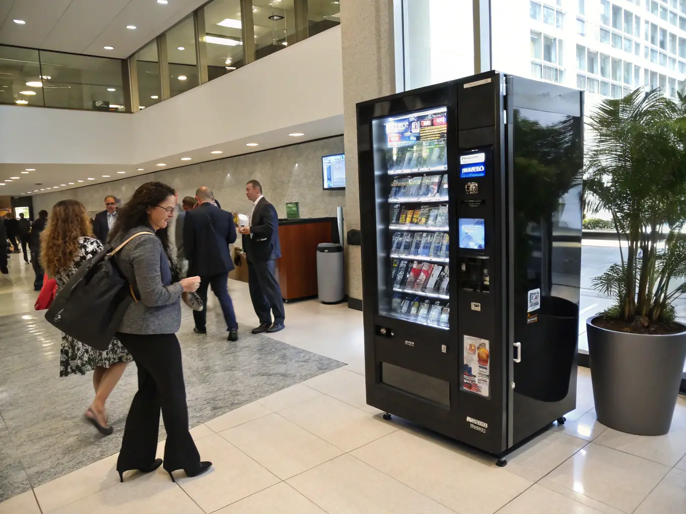 A sleek, unattended retail kiosk in a busy healthcare facility, offering healthy snacks, personal care items, and beverages. The kiosk is easy to use and designed to minimize wait times for staff and visitors.