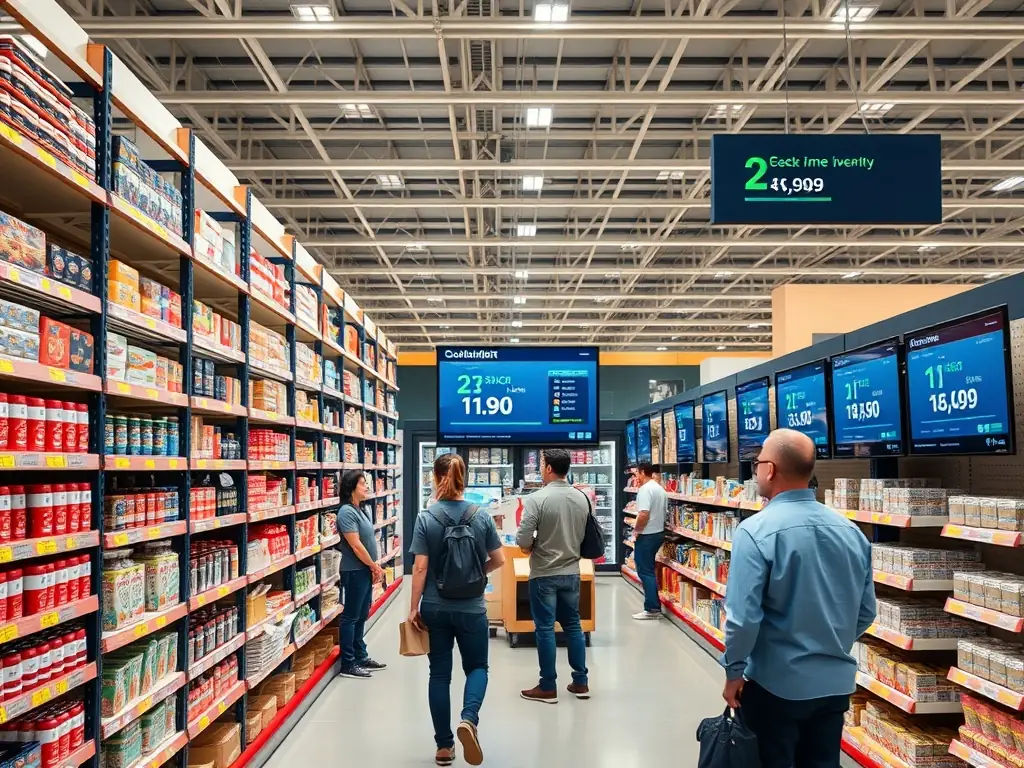 A futuristic, fully automated retail space in a modern office building, featuring a wide selection of products and seamless checkout technology. The space is designed to be efficient and user-friendly, catering to the needs of busy professionals.